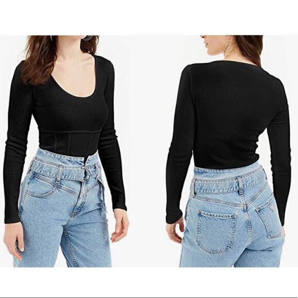 GUESS Womens Charlie Ribbed Scoop Neck Top Black - Picture 1 of 6